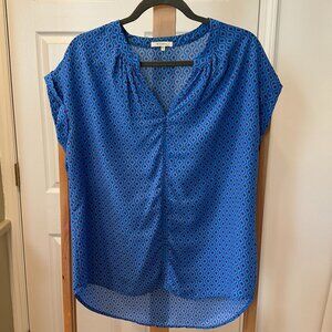 Pleione Women's Blue Short Cap Sleeve Blouse Geometric Blue Orange Medium